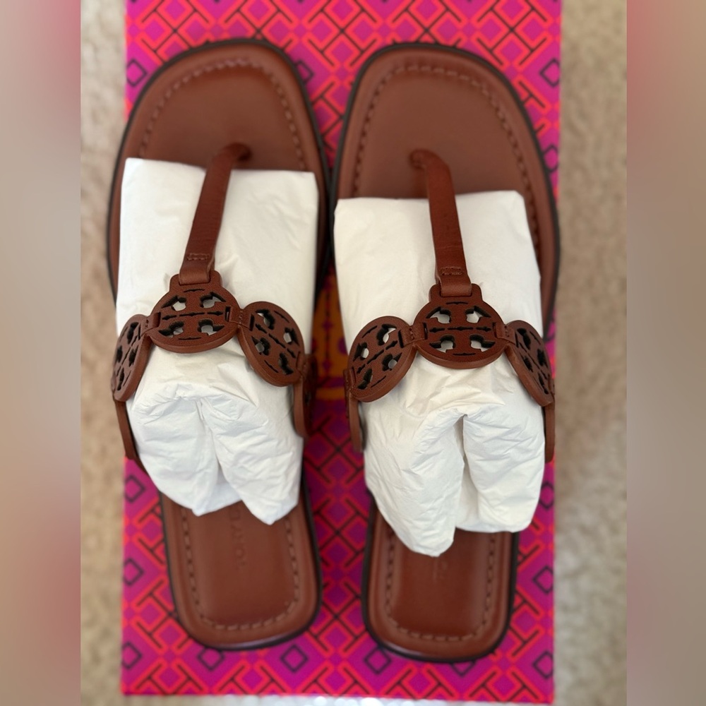 Tory Burch Miller Thong Sandals Style 79669 Color Burnt Cuoio Box and dust bag.